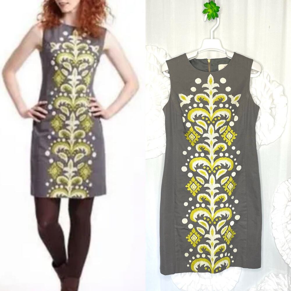Tabitha Anthro Embroidered Fountain Shift Sleeveless Dress Gray Size 4